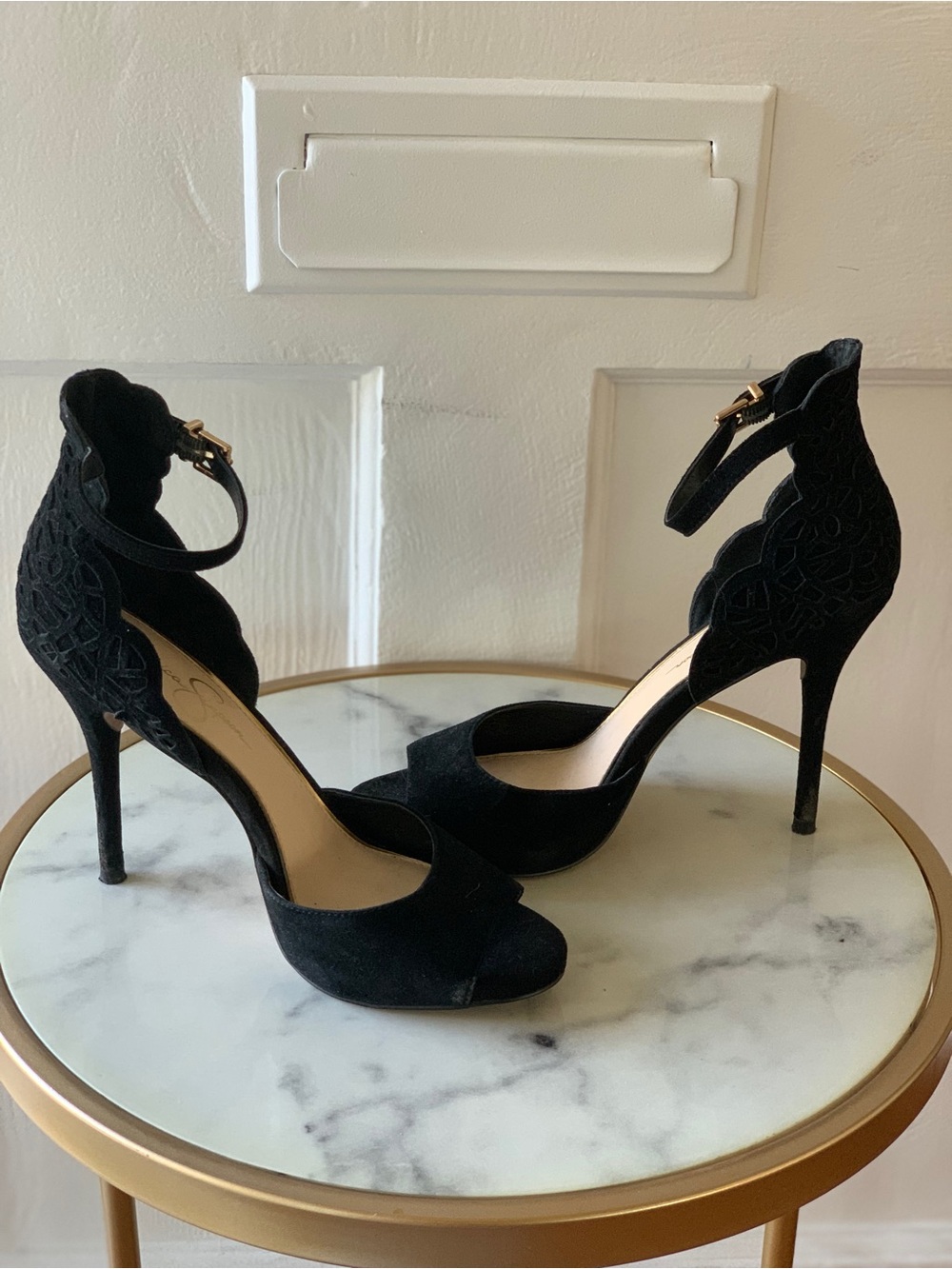 Jessica Simpson Bellona Ankle-Strap Black Suede Stiletto Heels